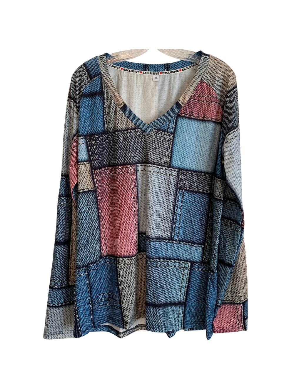 Exclusive Womens XL Patchwork Long Sleeve Tunic Top Blouse USA 4th July America